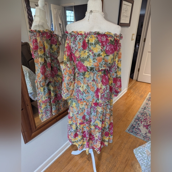 LC Lauren Conrad Off-Shoulder Floral Tiered Maxi Dress in Pink and Yellow - Picture 6 of 7